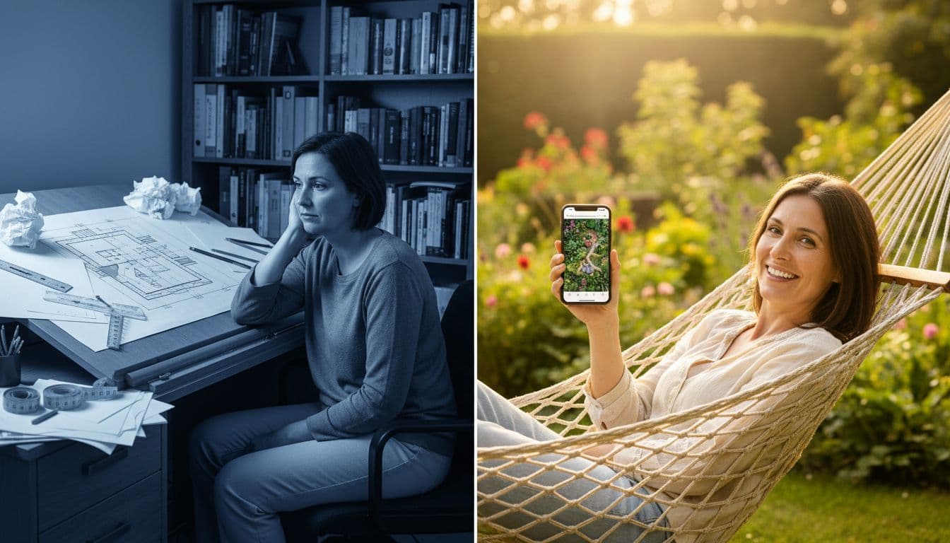 Split image comparing traditional garden planning on paper with AI garden design on a phone