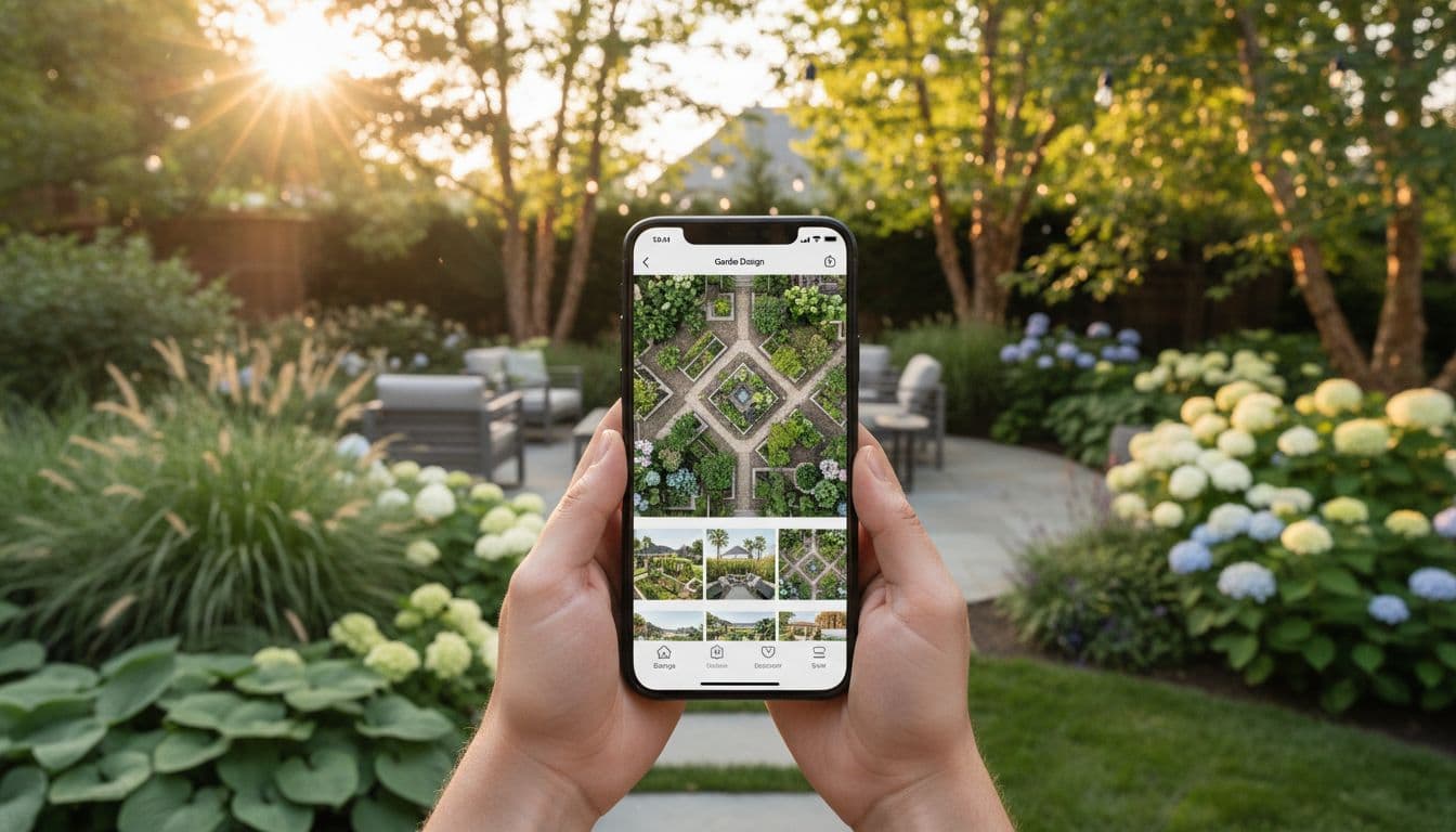 Person holding a smartphone in a redesigned backyard, comparing AI garden design apps