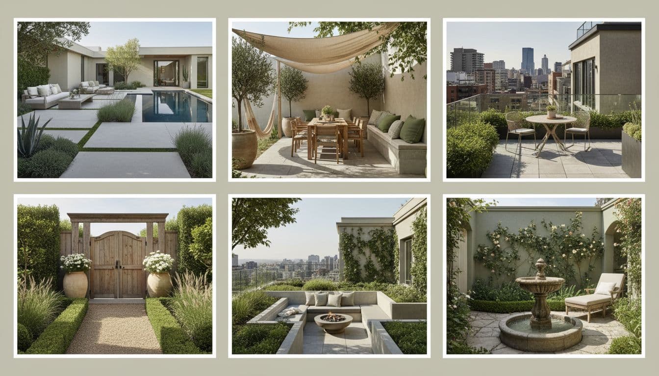 Collage of AI garden design ideas across outdoor spaces